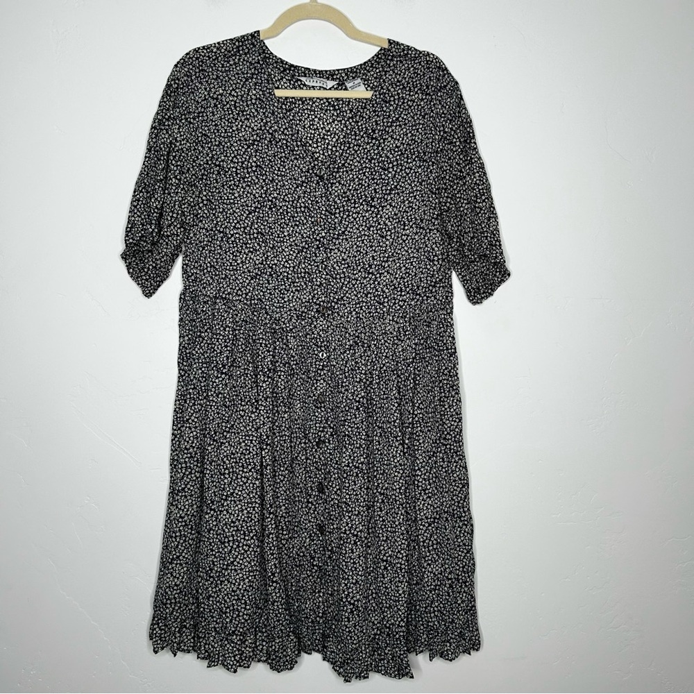 Vintage 90's Express Babydoll Navy Cream Floral Dress Sheer Cottagecore Medium